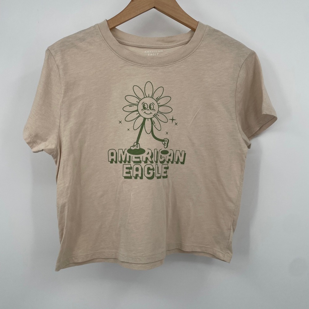 American Eagle Womens Small Beige Graphic‎ Tee Daisy Green Logo Cotton T-Shirt